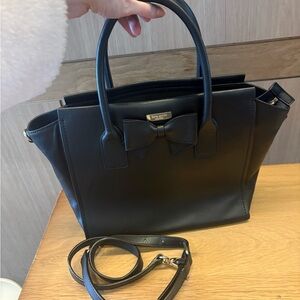 🎀🔥Kate Spade - Black Leather Bow Satchel Handbag with Detachable Strap